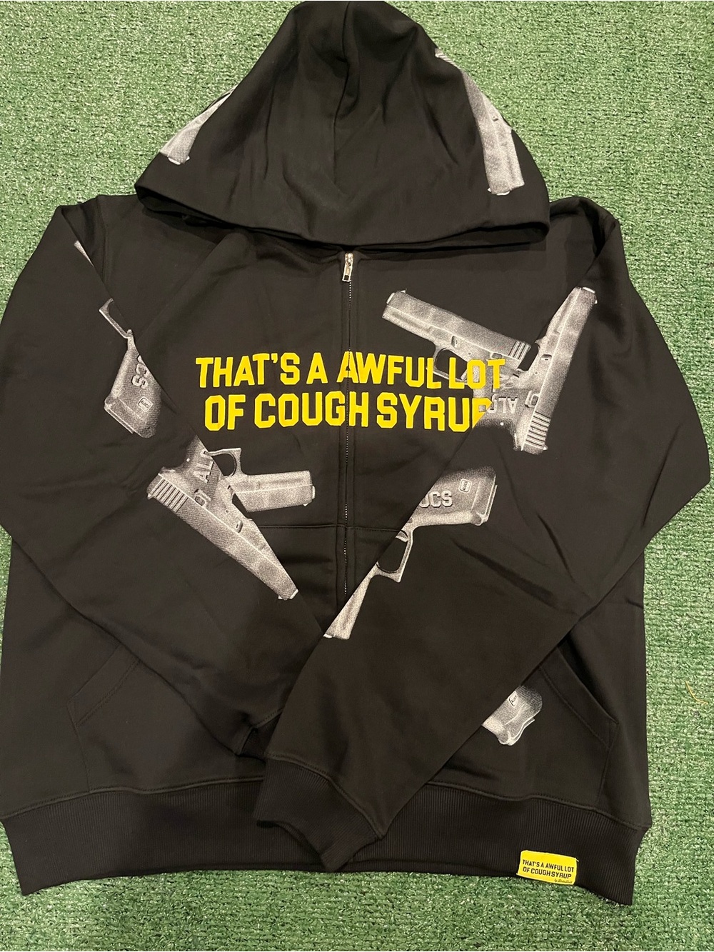 Awful lot of cough syrup zip up Black Graphic Zip-Up Hoodie with Yellow Text